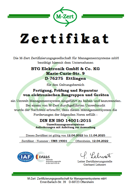 Bild - BTG Elektronik - Qualität - DIN EN ISO 14001:2015 Zertifikat