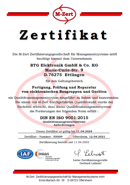 Bild - BTG Elektronik - Qualität - DIN EN ISO 9001:2015 Zertifikat
